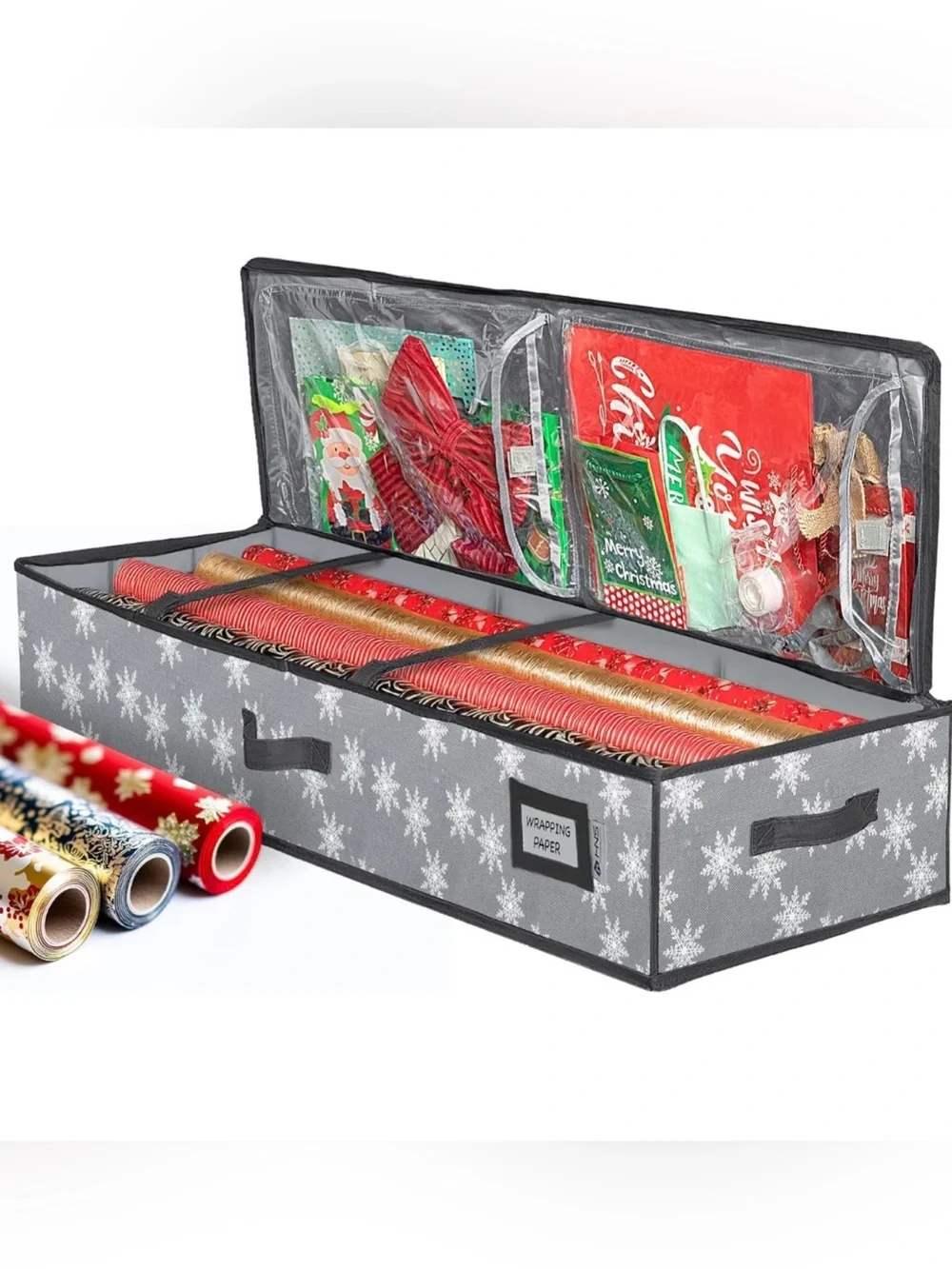 HOLDN’ STORAGE Premium Wrapping Paper Storage Container, Grey w/ Snowflakes